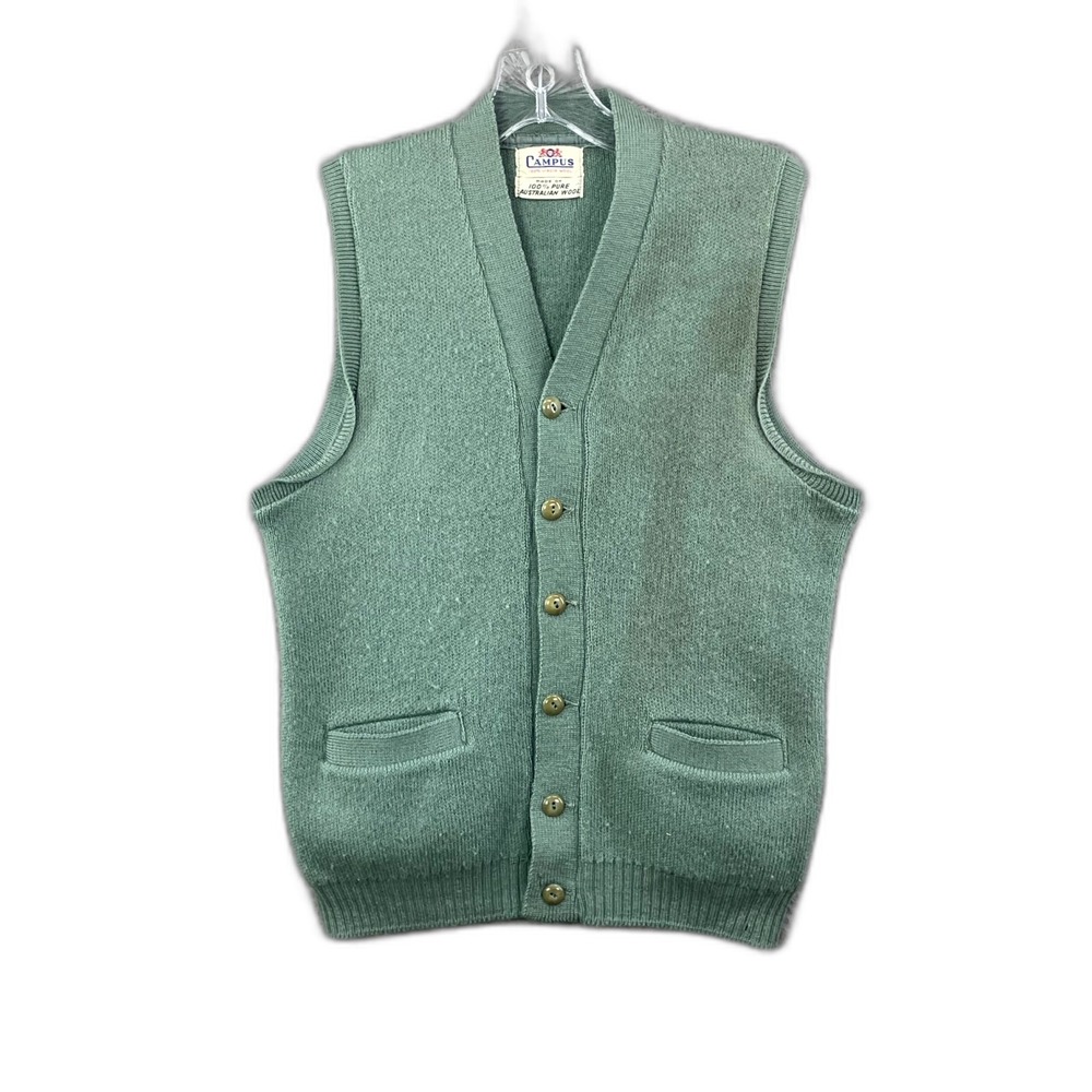 Campus Cardigan Sweater Vest Mens Green Tight Knit Button Front V Neck Preppy